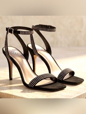 🆕 Vince Camuto -Black Crystal Stud Embellished Ankle-Strap Heels/Stilettos